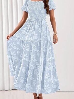 Light Blue Floral Midi Dress with Smocked Bodice and Puff Sleeves
